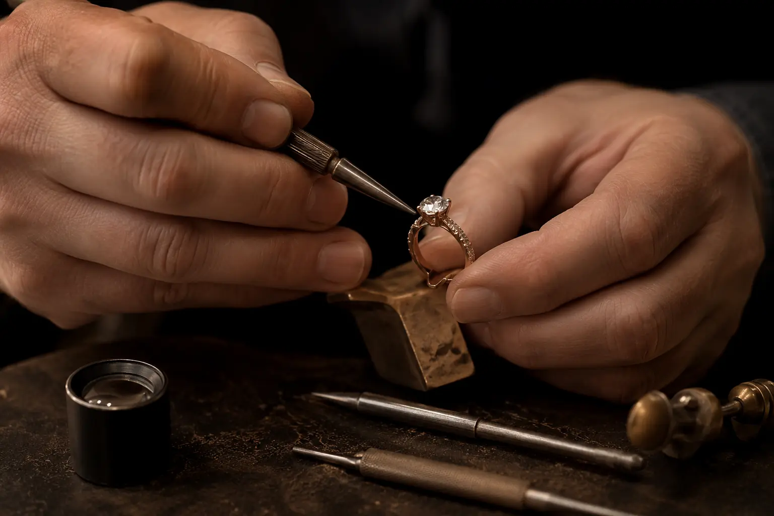 Master jeweller setting a diamond ring by hand