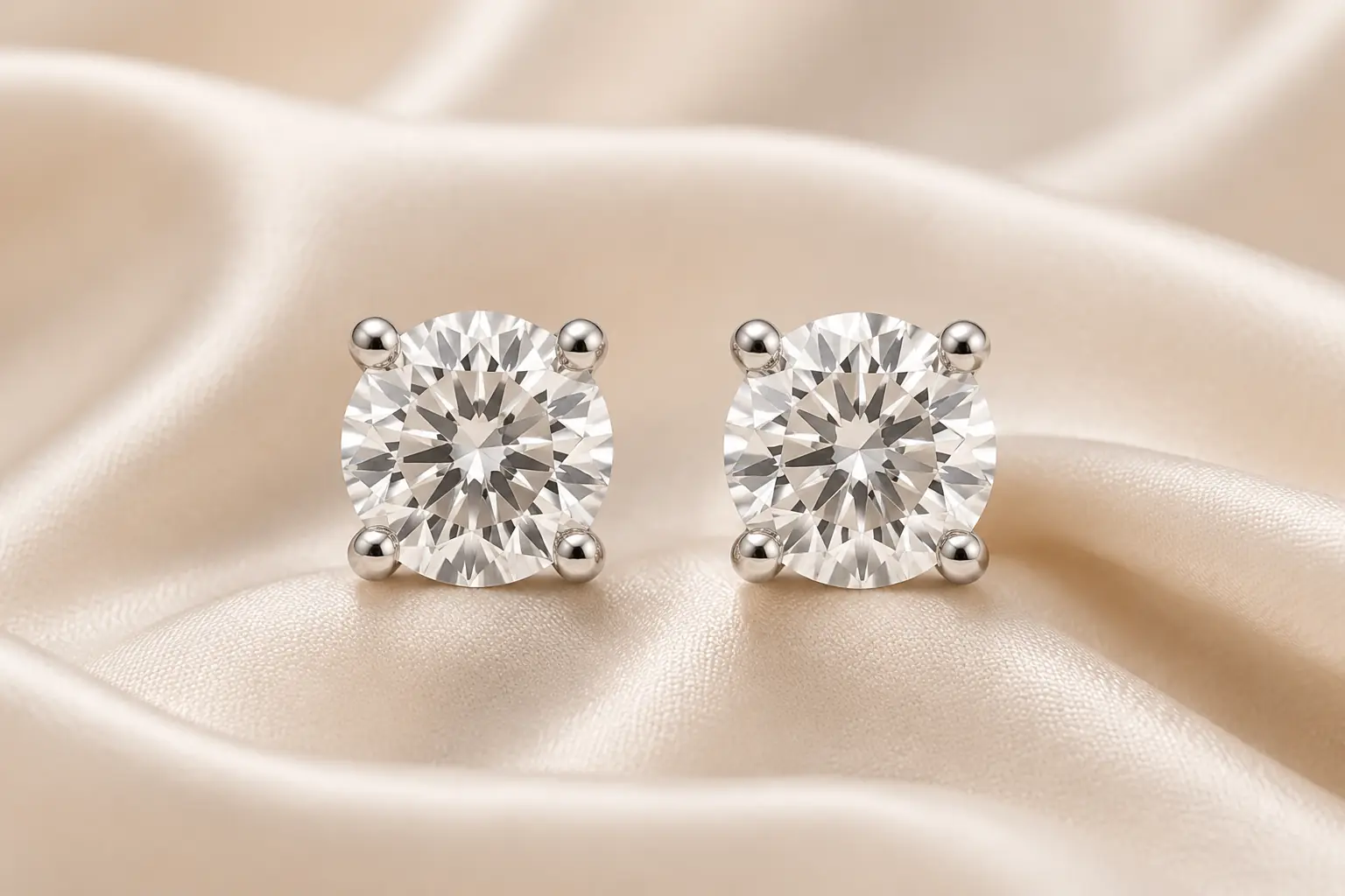 Pair of diamond stud earrings on ivory silk