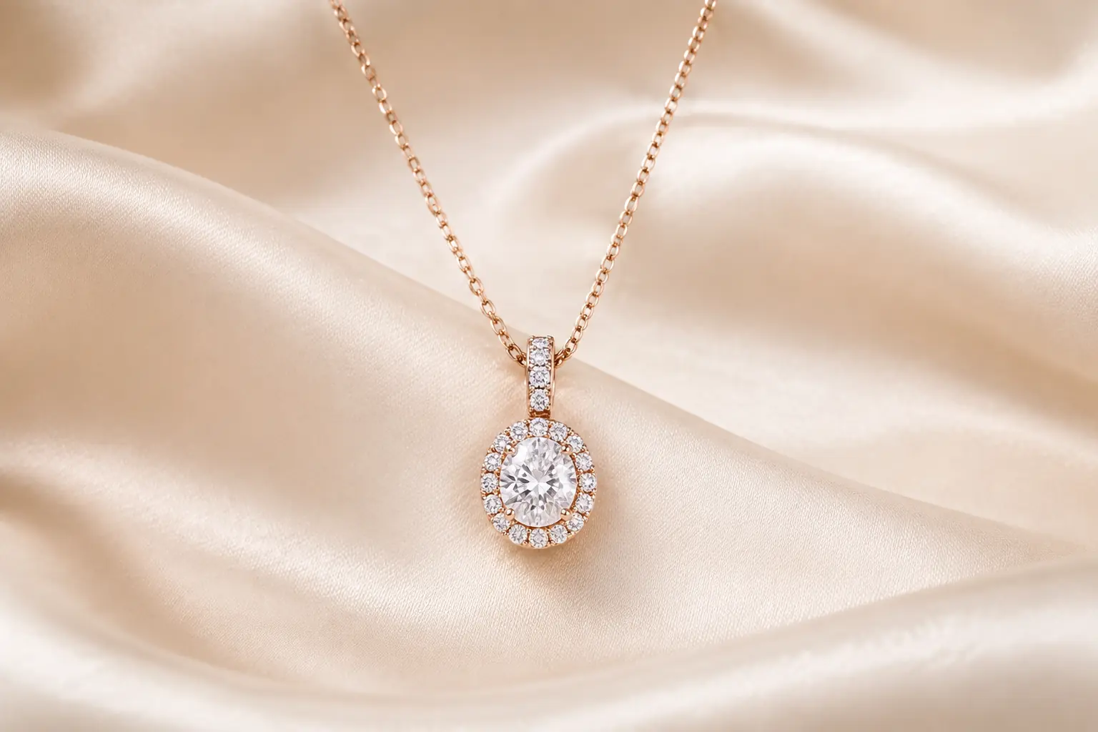 Diamond pendant necklace on ivory silk