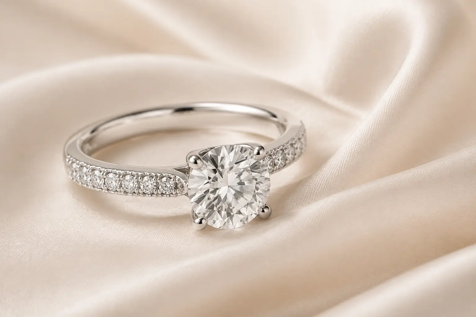 Diamond engagement ring on ivory silk