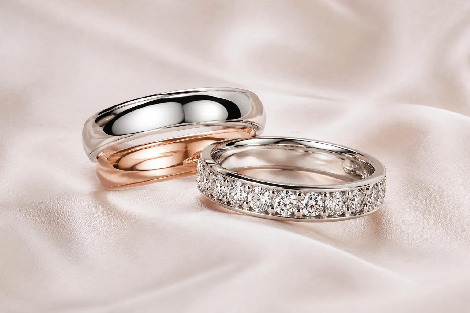 White gold, rose gold and diamond wedding bands